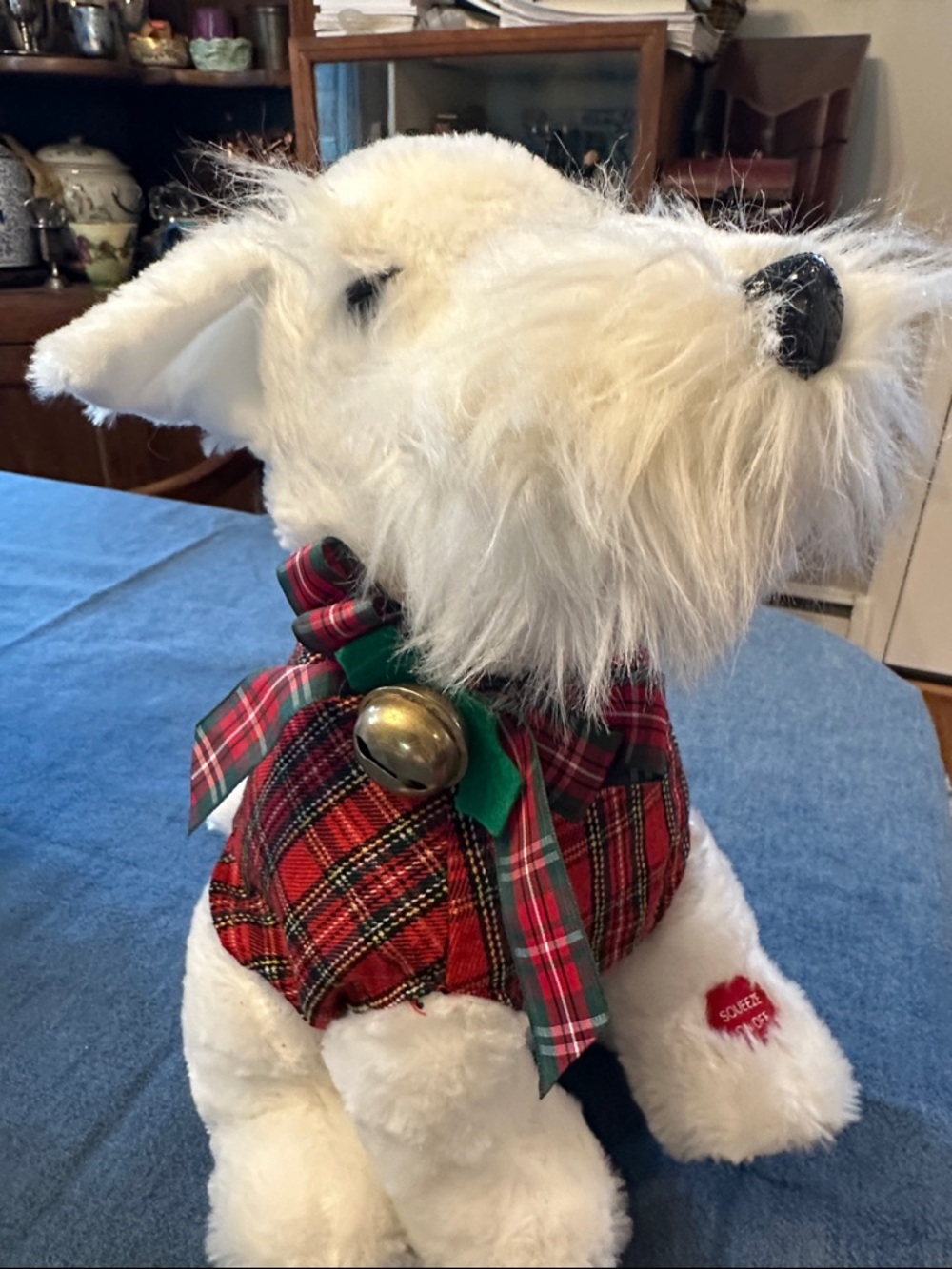 Vintage NWT stuffed white Scottie  with  plaid vest  sings “Put On A Happy Face” - Picture 5 of 8